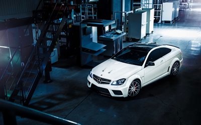 coupe, tuning, Mercedes C63 Amg, garage, white Mercedes