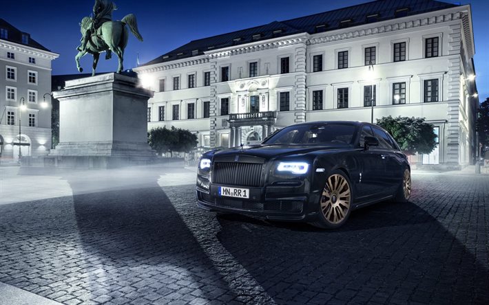 la noche, Rolls-Royce Ghost, sedanes, negro Rolls-Royce