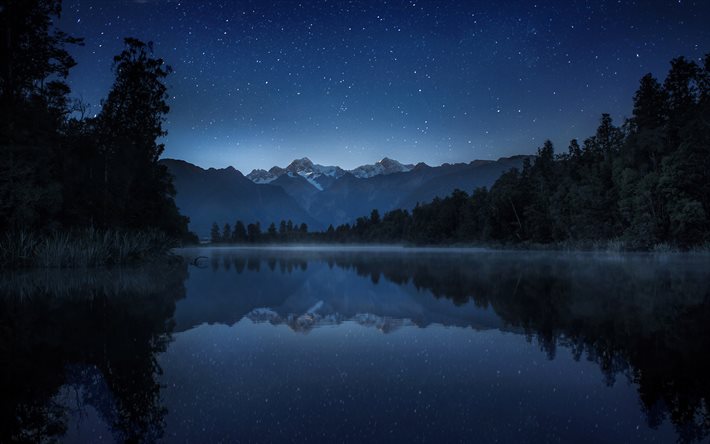 night, lake, mountains, forest, stars, sky
