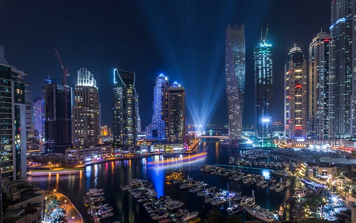 Dubai Marina, la notte, baia, barche, grattacieli, EMIRATI arabi uniti