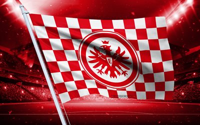 4k, eintracht frankfurt logo, club de football allemand, drapeau du stade, eintracht francfurt fans flag, drapeau blanc rouge, eintracht francfort emblem, bundesliga, allemagne, football, eintracht fc