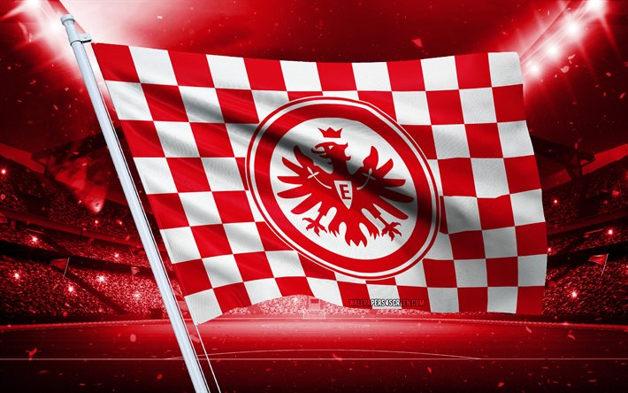 4k, eintracht frankfurt logo, club de football allemand, drapeau du stade, eintracht francfurt fans flag, drapeau blanc rouge, eintracht francfort emblem, bundesliga, allemagne, football, eintracht fc