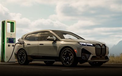 2025, bmw ix, 4k, vue avant, extérieur, ix xdrive50, ix i20, croisement électrique, blanc ix, concepts de charge de voiture électrique, station de remplissage électrique, voitures allemandes, voitures électriques, bmw