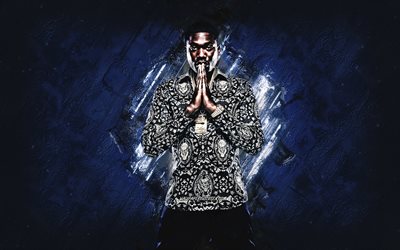 Meek Mill, American rapper, Robert Rihmeek Williams, blue stone background, grunge art, American star