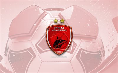 PSM Makassar glossy logo, 4K, red football background, Liga 1 Indonesia, soccer, Indonesian football club, PSM Makassar emblem, PSM Makassar, football, sports logo, PSM Makassar logo, PSM Makassar FC