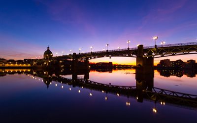 saint pierre köprüsü, 4k, akşam, garonne nehri, fransız şehirleri, toulouse, fransa, avrupa, pont saint pierre, toulouse cityscape