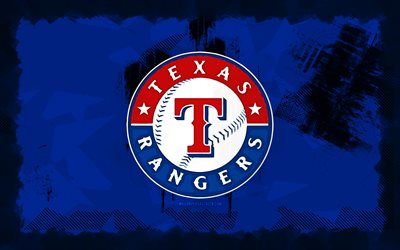 texas rangers grunge logosu, 4k, mlb, mavi grunge arka plan, beyzbol, texas rangers amblemi, texas rangers logosu, amerikan beyzbol takımı, texas rangers