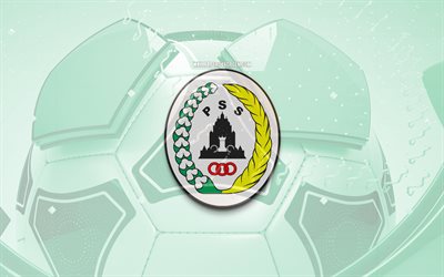 PSS Sleman glossy logo, 4K, green football background, Liga 1 Indonesia, soccer, Indonesian football club, PSS Sleman emblem, PSS Sleman, football, sports logo, PSS Sleman logo