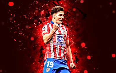 Julian Alvarez, 4k, red neon lights, Atletico Madrid FC, La Liga, Argentine footballers, Julian Alvarez 4K, football, soccer, Julian Alvarez Atletico Madrid, LaLiga