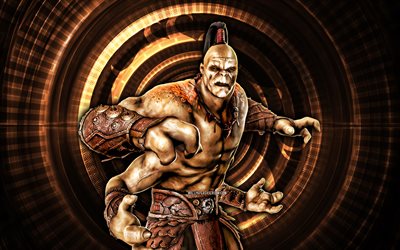 goro, 4k, fundo espiral laranja, mortal kombat mobile, criativo, mortal kombat, goro mk mobile, personagens mortal kombat