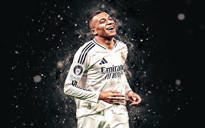 Kylian Mbappe, 4k, white neon lights, Real Madrid FC, La Liga, French footballers, Kylian Mbappe 4k, football, soccer, LaLiga, Real Madrid CF, Kylian Mbappe Real Madrid