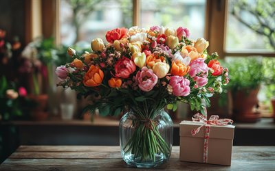 bouquet di fiori colorati, bouquet di peonie, bouquet di primavera, fiori primaverili, bellissimo bouquet, fiori in un vaso, tulipani, peonie, sfondo con peonie