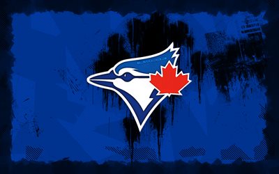 toronto blue jays grunge logosu, 4k, mlb, mavi grunge arka plan, beyzbol, toronto blue jays amblemi, toronto blue jays logosu, kanadalı beyzbol takımı, toronto blue jays