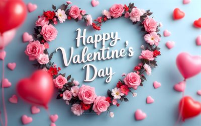 عيد حب سعيد, 4k, خلفية زرقاء, إطار زهرة على شكل قلب, تحيات عيد الحب, إطار زهور ثلاثي الأبعاد, 14 فبراير, مفاهيم الحب, قلوب ثلاثية الأبعاد ملونة, نقش عيد الحب سعيد