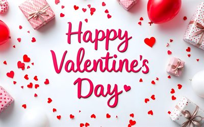 4k, joyeuse saint valentin, fond blanc, minimalisme, salutations de la saint valentin, coffrets cadeaux 3d, 14 février, notions d'amour, ballons colorés, inscription joyeuse saint valentin