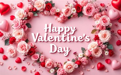 4k, عيد حب سعيد, خلفية وردية, إطار زهرة على شكل قلب, تحيات عيد الحب, إطار زهور ثلاثي الأبعاد, 14 فبراير, مفاهيم الحب, قلوب ثلاثية الأبعاد ملونة, نقش عيد الحب سعيد