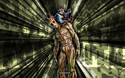 4k, groot con cohete, fondo de rayos verdes, groot con piel de cohete, groot con cohete fortnite, arte abstracto, fortnite groot con piel de cohete, personajes fortnite, fortnite, arte creativo