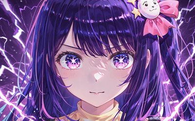 4k, ai hoshino, violette lichter, oshi no ko, violetter abstrakter hintergrund, manga, lila augen, oshi no ko manga serie, kunstwerk, hoshino ai, protagonist, ai hoshino oshi no ko