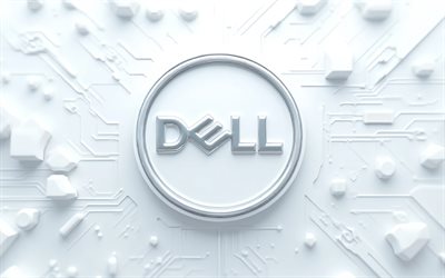 Dell chrome logo, 4k, white technology background, Dell sign, Dell emblem, Dell logo, white techno background, Dell