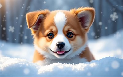 4k, Welsh Corgi Pembroke puppy, artwork, cute dog, cute animals, winter, bokeh, puppies, dogs, muzzle, cartoon art, Welsh Corgi Pembroke, pets, Corgi, close-up, Welsh Corgi Pembroke Dog