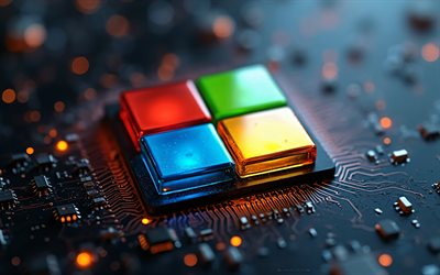 microsoft chip logo, 4k, microsoft 3d logo, schwarzer techno hintergrund, microsoft glaslogo, microsoft emblem, windows 11 logo, windows 11, microsoft, windows logo, windows