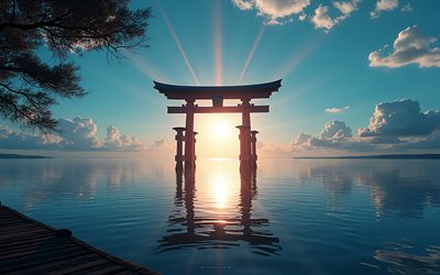 torii, sera, tramonto, lago, tori in acqua, cancello tradizionale giapponese, cancello rosso, santuario shintoista, mattina, alba, giappone
