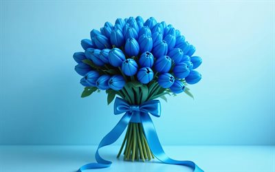 الزنبق الأزرق, 4k, تقليلية, مزهرية زجاجية, خلفية زرقاء, زهور الربيع, باقة من زهور التوليب, زهور جميلة, القوس الأزرق, ربيع, الخلفية مع زهور التوليب, زهور زرقاء, زهور التوليب