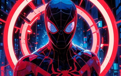 hämähäkkimies, 4k, punaiset neonsormukset, symbiote asu, supersankareita, marvel sarjakuvat, spider man musta puku, hämähäkkimiehen taidetta, taideteos, spider man 4k