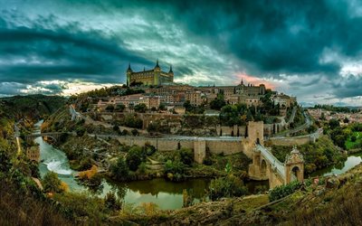 bridge, river, clouds, architecture, Toledo, Spain, evening city