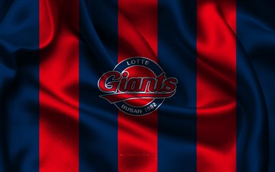 4k, Lotte Giants logo, red blue silk fabric, South Korean baseball team, Lotte Giants emblem, KBO League, Lotte Giants, South Korea, baseball, Lotte Giants flag, KBO