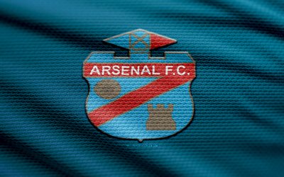 logotipo de tecido do arsenal sarandi, 4k, fundo de tecido azul, divisão argentina primera, bokeh, futebol, logotipo do arsenal sarandi, emblema do arsenal sarandi, arsenal sarandi, clube de futebol argentino, arsenal sarandi fc