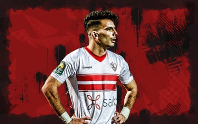 4k, Ahmed Sayed, red grunge background, Zamalek FC, Egyptian Premier League, Egyptian footballers, Ahmed Sayed 4K, football, soccer, Zizo, Zamalek SC, Ahmed Sayed Zamalek