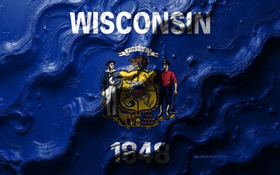 विस्कॉन्सिन ध्वज, 4k, पत्थर की लहर बनावट, विस्कॉन्सिन का झंडा, 3 डी विस्कॉन्सिन ध्वज, विस्कॉन्सिन राज्य ध्वज, यूएसए, अमेरिकी राज्यों के झंडे, विस्कॉन्सिन