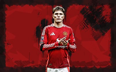 4k, Alejandro Garnacho, red grunge background, Manchester United FC, Premier League, argentine footballers, Alejandro Garnacho 4K, football, soccer, Man United, Alejandro Garnacho Manchester United