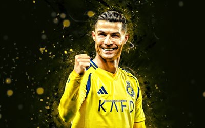 cristiano ronaldo, 4k, neşe, sarı soyut arka plan, al nassr fc, futbol yıldızları, suudi pro ligi, cr7, cristiano ronaldo al nassr, sarı neon işıklar, futbol, al nass fc, riyad, cr7 al nassr, cristiano ronaldo 4k