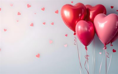 uppblåsta rosa hjärtballonger, romantik, hjärtballonger, romantisk kväll, kärlekskoncept, romantisk semester