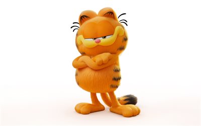 4k, garfield, weißer hintergrund, 2024 film, das garfield, minimalismus, lügende katze, zeichentrickfiguren, garfield minimalismus