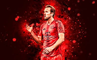 4k, harry kane, kırmızı soyut arka plan, bayern münih fc, bundesliga, ingiliz futbolcular, kırmızı neon işıklar, harry kane 4k, futbol, harry kane bayern münih
