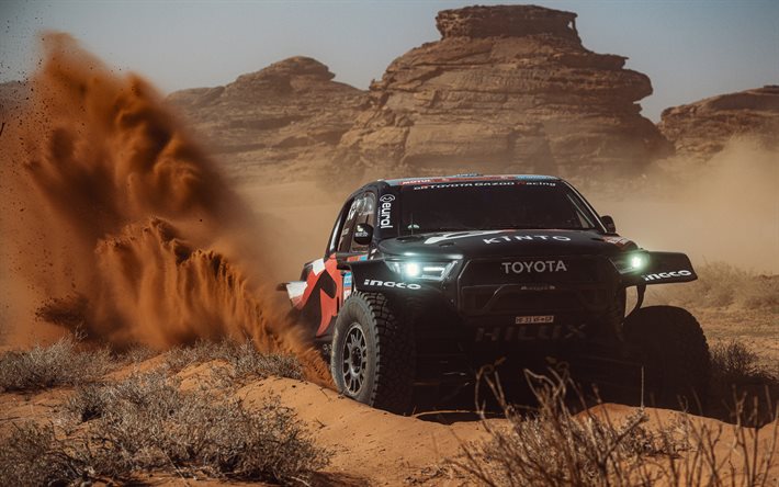 toyota gr dkr hilux evo t1u, 4k, desierto, 2024 autos, fuera de la carretera, extremo, suvs, dunas de arena, autos japoneses, toyota
