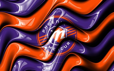 logotipo 3d de fénix mercurio, 4k, ondas 3d violeta naranja, wnba, baloncesto, bandera de phoenix mercurio, logotipo de fénix mercurio, emblema de fénix mercurio, equipo de baloncesto americano, fénix mercurio