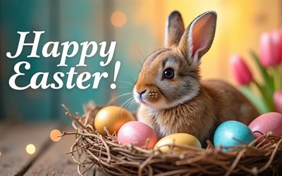 lapin de pâques, 4k, panier avec des oeufs, bokeh, joyeuses pâques, fleurs, oeufs de pâques, décorations de pâques, lapin, milieux de pâques, lapins, lapins de pâques, inscription joyeuses pâques, pâques