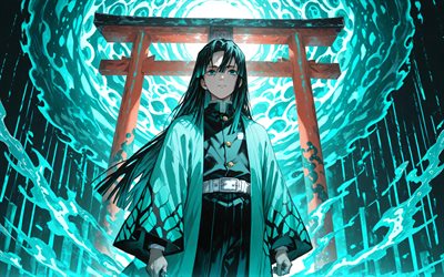 4k, tokito muichiro, resplandor turquesa, puerta torii, brillo turquesa, kimetsu no yaiba, oscuridad, kimono, manga, torii, protagonista, cuerpo de cazadores de demonios, asesino de demonios, muichiro tokito kimetsu no yaiba