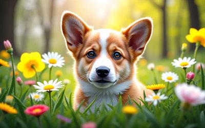 walesisk corgi pembroke valp, 4k, fjädra, bokeh, hundkapplöpning, söta djur, valpar, corgi, husdjur, walesiska corgi pembroke, vårblommor, valp på gräsmattan, welsh corgi pembroke dog