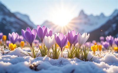 4k, violet crocuses, bright sun, yellow crocuses, bokeh, spring flowers, awakening of nature, melting snow, pictures with crocuses, spring, crocuses, beautiful flowers