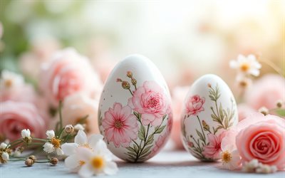 boyalı güllerle paskalya yumurtaları, 4k, mutlu paskalyalar, paskalya yumurtaları, gül süsleri, paskalya süsleri, paskalya, pembe güller
