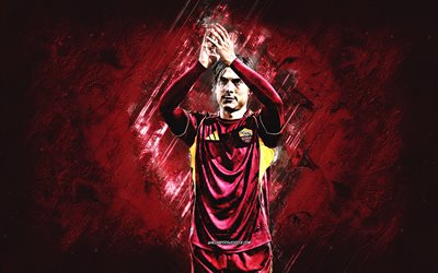 Paulo Dybala, AS Roma, goal celebration, Argentina football player, burgundy stone background, Dybala Roma, grunge art, Serie A, Italy, football, Paulo Dybala AS Roma