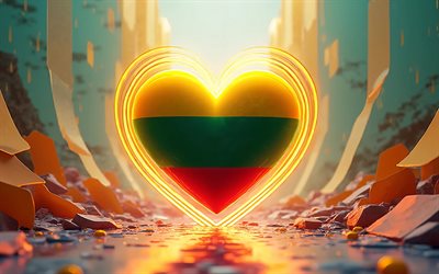 4k, adoro la lituania, sfondo giallo 3d, luci al neon gialle, giorno della lituania, arte 3d, bandiera della lituania, cuore con bandiera lituana, cuori 3d, bandiera lituana, lituania, amore per la lituania
