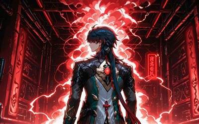 cuchilla, 4k, humo rojo, luces rojas, carril estelar honkai, oscuridad, personajes de anime, manga, personajes de honkai star rail, cazadores estelares, espada honkai star rail
