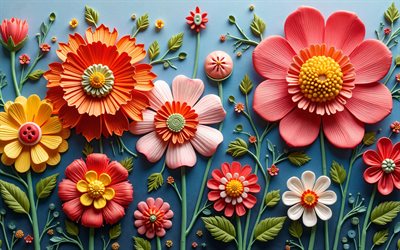 4k, flores coloridas en 3d, obra de arte, fondo azul, creativo, arte 3d, macro, fondos rojos, flores 3d, fondo con flores, flores coloridas, fondos florales coloridos, patrones de flores 3d