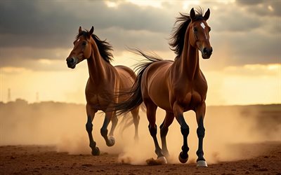 zwei pferde, 4k, tierwelt, wüste, galopp, herde pferde, laufende pferde, wilde pferde, braune pferde, staub, pferde